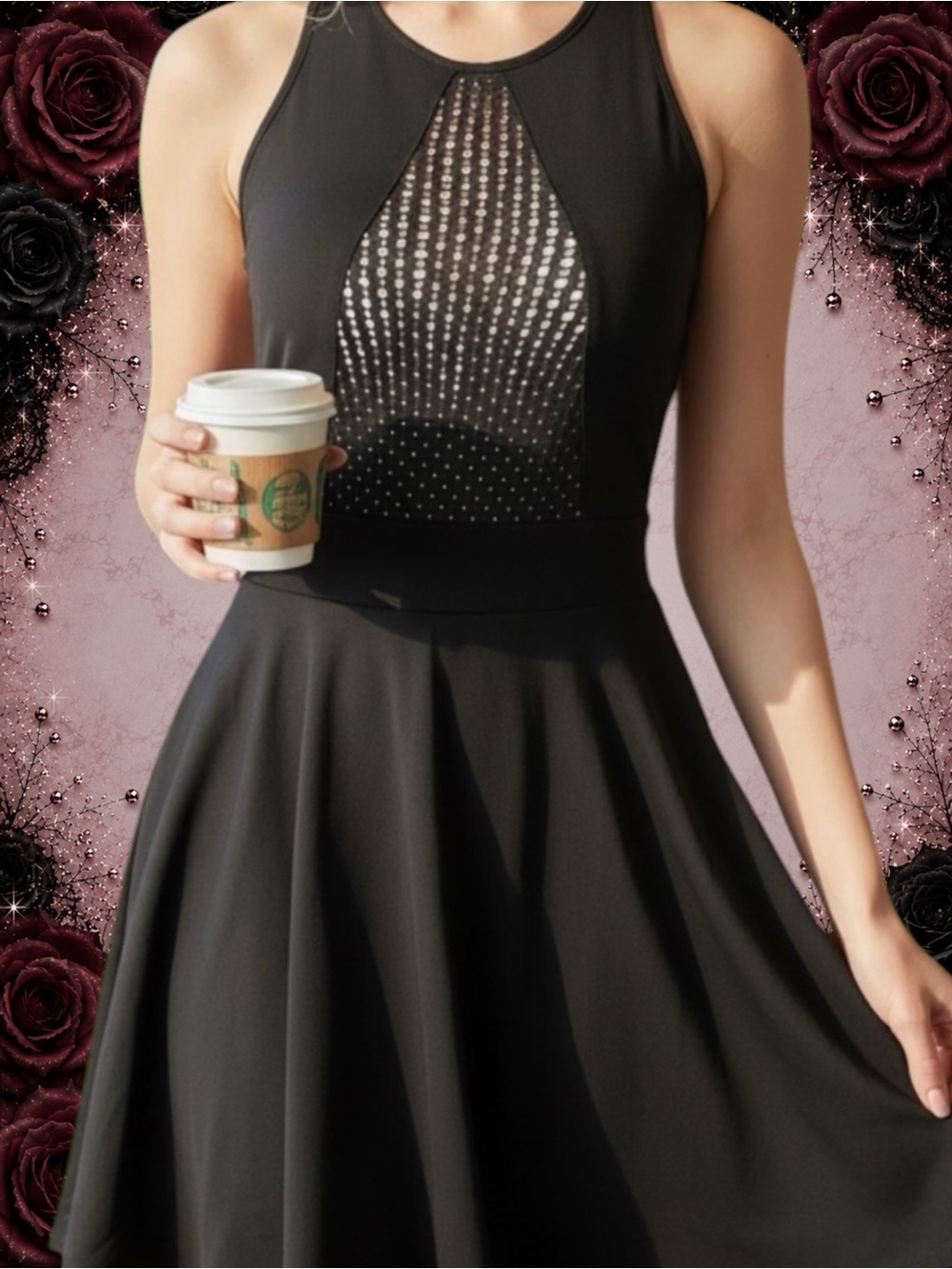 Preowned JustFab Black Halter Skater Dress Open Back Mesh Detail Size XS